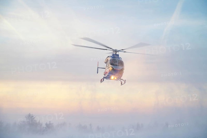 Air rescue helicopter from Luxembourg, emergency transport in Trier, misson in snow, winter rhineland-palatinate, Germany, 20.01.2024, Europe