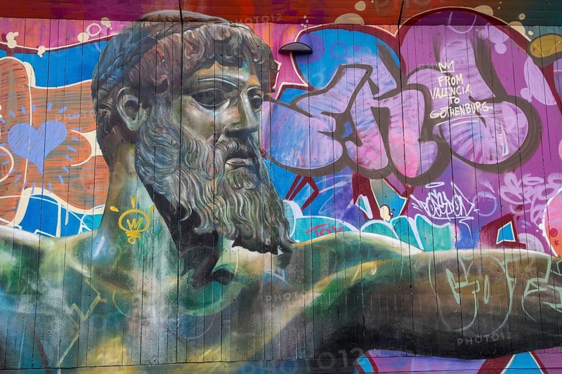 God of Greek mythology, Zeus, large graffiti on building fence, harbour, Gothenburg, Västra Gotalands län province, Sweden, Europe