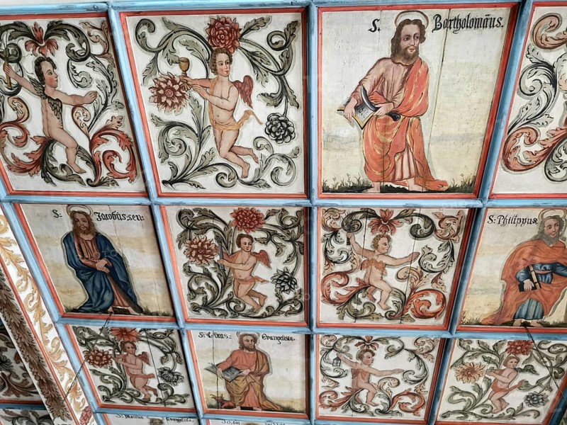 Church ceiling, painting with biblical scenes, late Gothic St Vitus and St Michael's Church, Heiligenstadt, Bamberg district, Upper Franconia, Bavaria, Germany, Europe