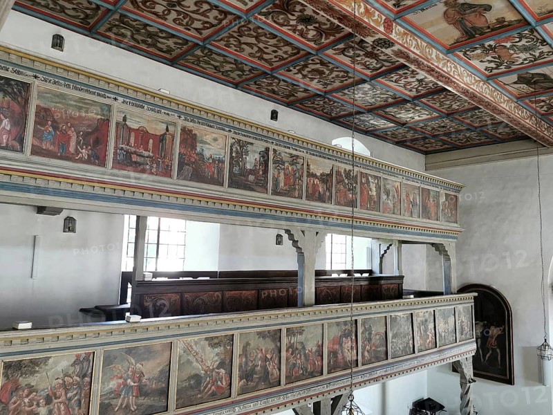 Church ceiling and gallery, painting with biblical scenes, late Gothic St Vitus and St Michael's Church, Heiligenstadt, Bamberg district, Upper Franconia, Bavaria, Germany, Europe