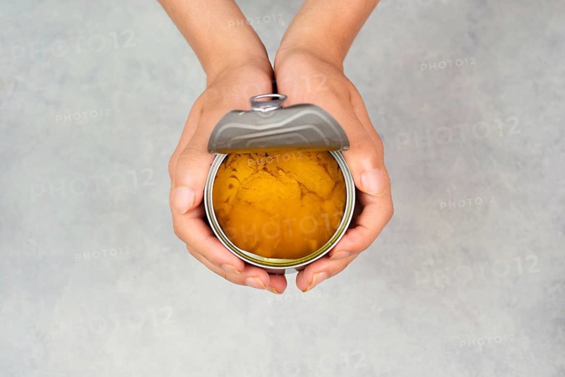 Open tin can with preserved food, box with tuna fish, processed ingredients, feeding a pet