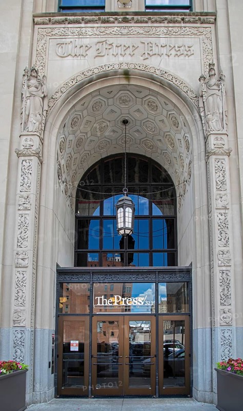 Detroit, Michigan, The entrance to ThePress-321, a 100-unit apartment complex created in the old Detroit Free Press building. The 100-year-old Art Deco building designed by Albert Kahn was vacant and neglected for two decades after the newspaper downsized to smaller quarters in 1998