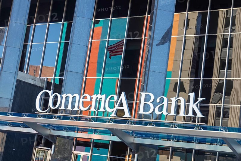 Detroit, Michigan, A downtown branch of Comerica Bank. The bank has about 400 branch offices in Michigan, Texas, Arizona, California, and Florida