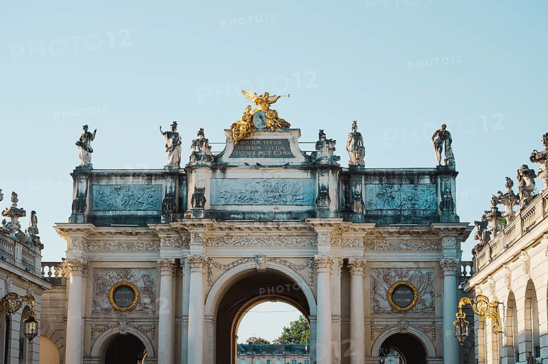 Triumphal arch, arc Here in the old town of Nancy, France, place Stanislas, departement Lorraine, Europe