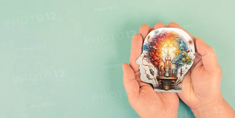 Brain with light bulb, colorful explosion, idea and vision concept, brainstorming for solution, innovation and imagination of the mind