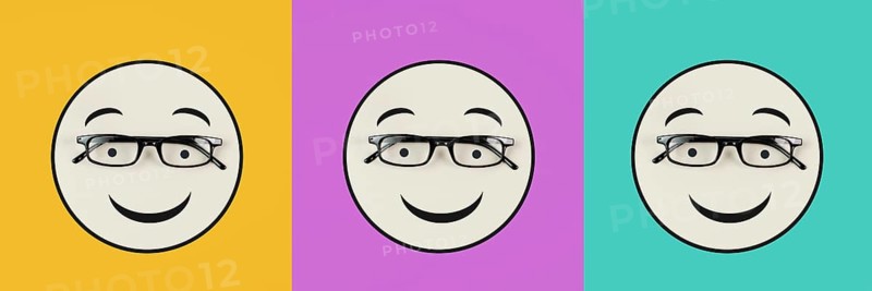 Head with a smiling face and eyeglasses, mental health concept, positive mindset, support and evaluation symbol