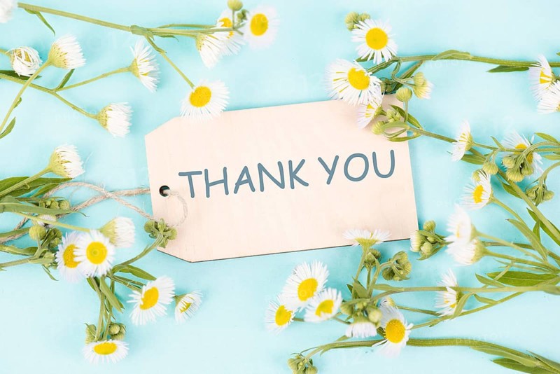 Thank you card surrounded by flowers, being thankful, support, help and charity concept, positive attitude