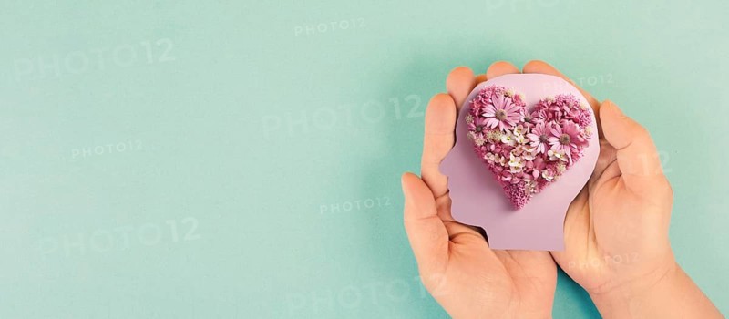 Brain with heart of flowers, love and passion, self esteem and mental health care concept, positive thinking, creative mind