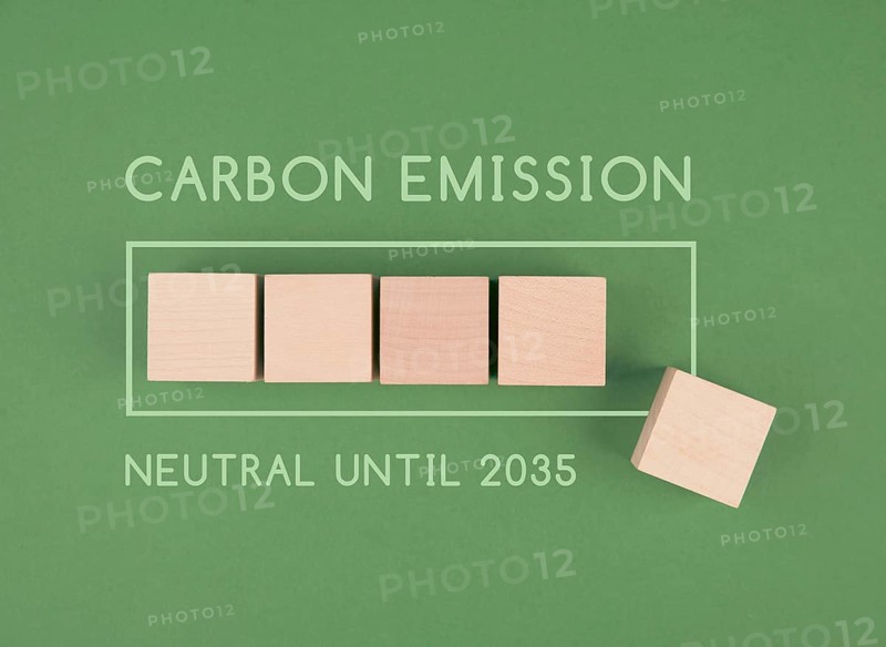 Carbon emission neutral until 2035, loading bar for green energy, CO2 reduce footprint, sustainable renewable electricity, environment protection, eco lifestyle