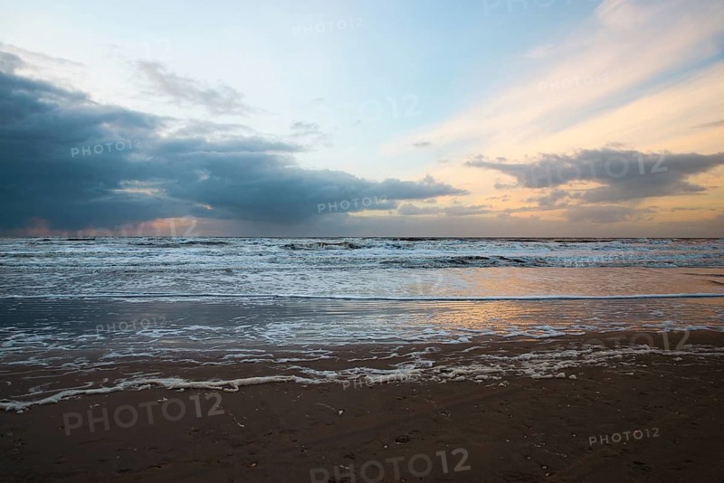 Wadden sea at low tide, North sea beach landscape, coast on Romo island in Denmark at sunset, vacation und lifestyle