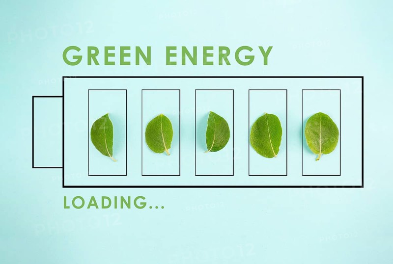 Green energy loading bar with leaves, sustainable renewable electricity power, csr concept, environment protection, eco technology