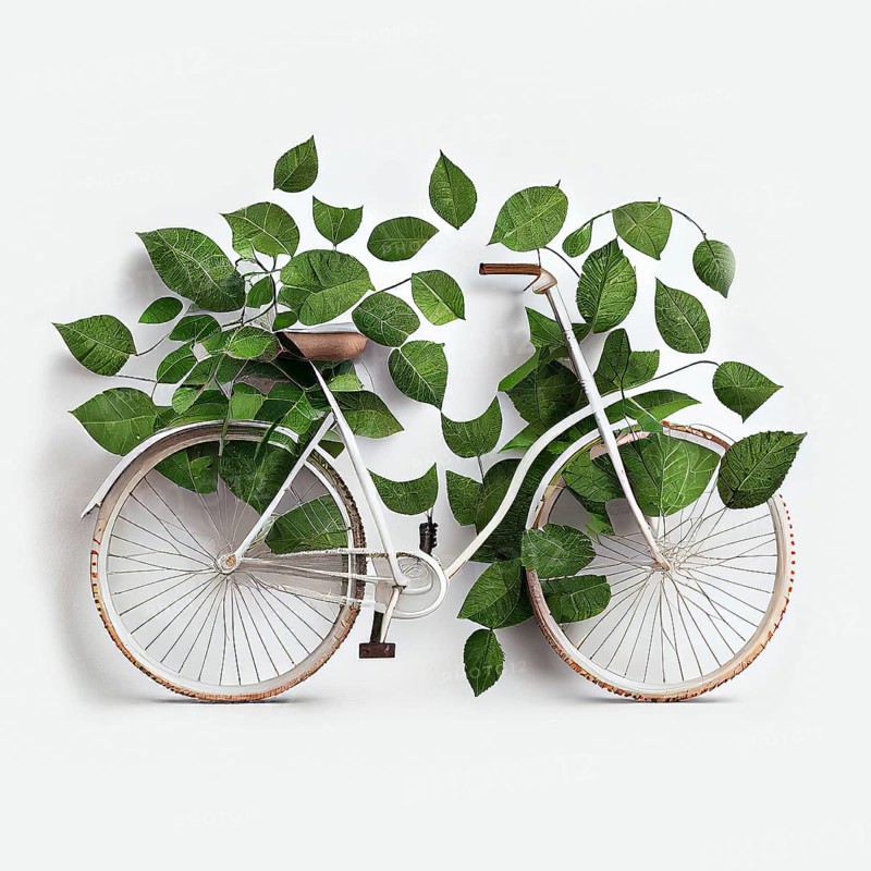 Bicycle covered with green leaf tendril, eco and environment concept, sustainable transport and travel, earth day