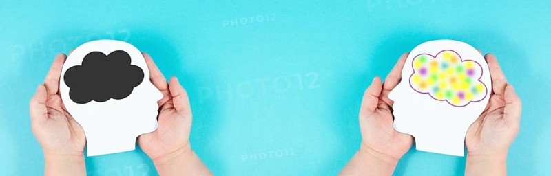 Positive and negative thinking, brain with dark and colorful cloud, psychology and emotion concept, depression and creative