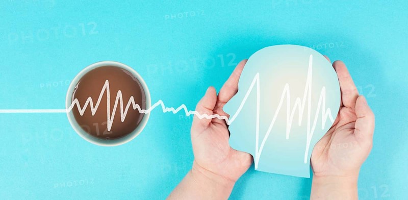 Cup of coffee in the morning, wake up, brainwaves goes up after the caffeine drink, take a break, high energy level
