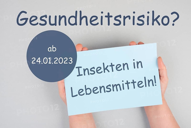 Insects in food, health risk is standing in german language on the paper, new EU regualtion for ingredients in bread, pasta, chocolate, powder of cricket and beetle allowed