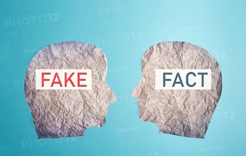 Fake or fact on a head, false and truth information, propaganda and conspiracy theory concept, media and manipulation, cancel culture