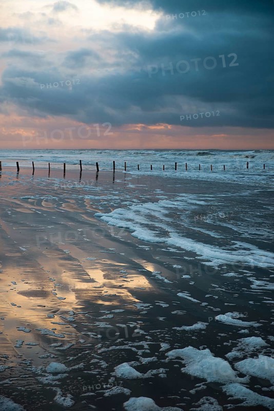 Wadden sea at low tide, North sea beach landscape, coast on Romo island in Denmark at sunset, vacation und lifestyle