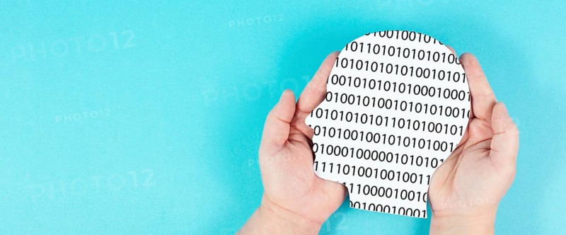 Head with software code, digitization and artificial intelligence concept, connect to the web