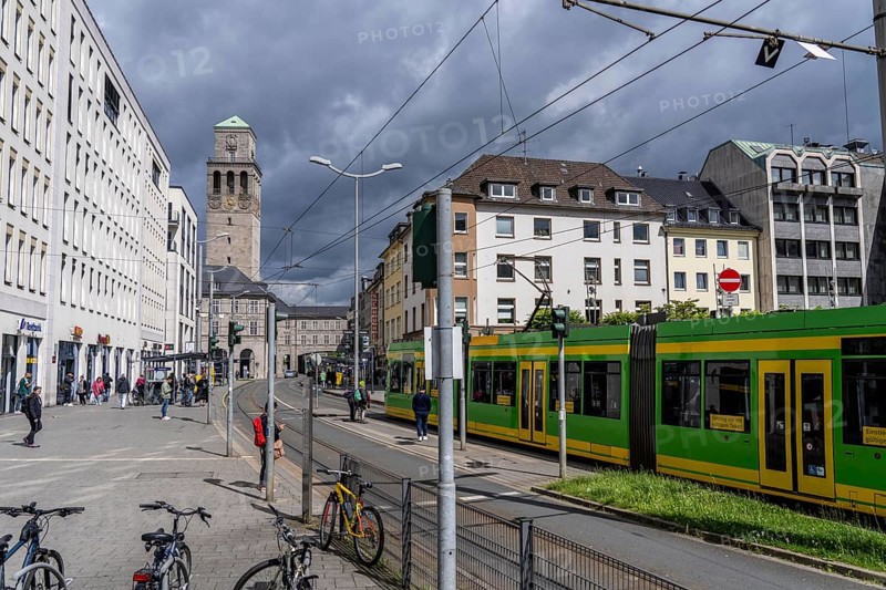 Bus and tram stop Mülheim city centre, at the town hall, Mülheim an der Ruhr, North Rhine-Westphalia, Germany, Europe