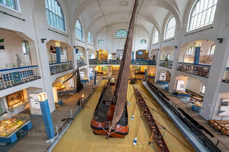 Museum of German Inland Navigation, in the former Ruhrort indoor swimming pool, in Duisburg, cargo sailing vessel Tjalk Göde Verwachting, North Rhine-Westphalia, Germany, Europe