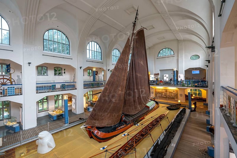 Museum of German Inland Navigation, in the former Ruhrort indoor swimming pool, in Duisburg, cargo sailing vessel Tjalk Göde Verwachting, North Rhine-Westphalia, Germany, Europe
