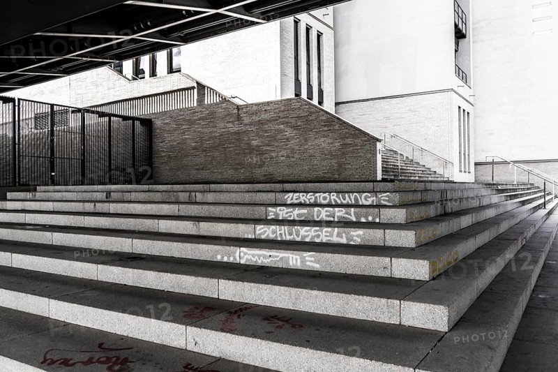 Graffiti on steps below the Franklinbrücke, a road and pedestrian bridge in Düsseldorf-Pempelfort, destruction is the key, Düsseldorf, North Rhine-Westphalia, Germany, Europe