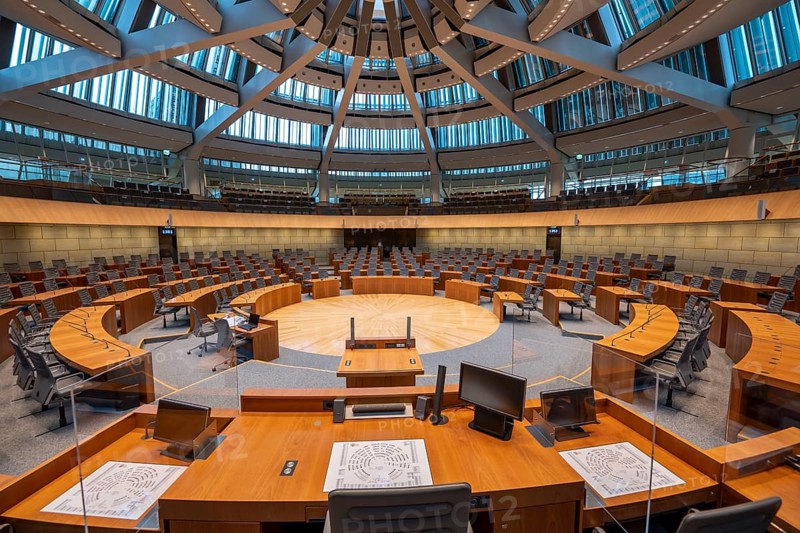 The empty plenary chamber of the North Rhine-Westphalia state parliament in Düsseldorf, North Rhine-Westphalia, Germany, Europe