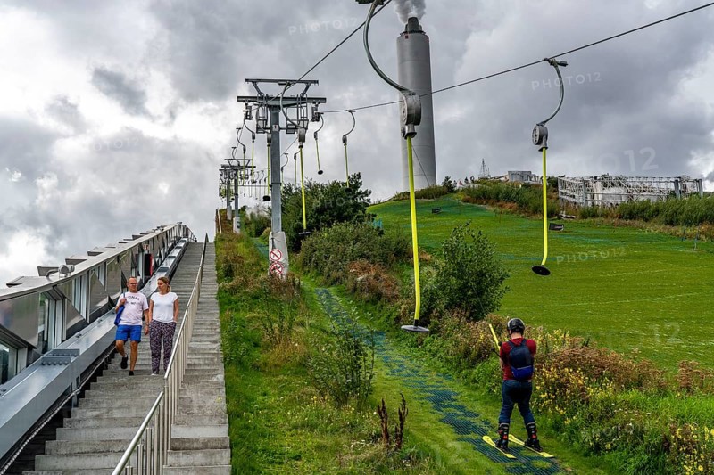 CopenHill, waste incineration plant and artificial ski slope, skiing with a view of the Oresund, ski lift, 90 metres high and 400 metres long slope on artificial turf, Copenhagen, Denmark, Europe