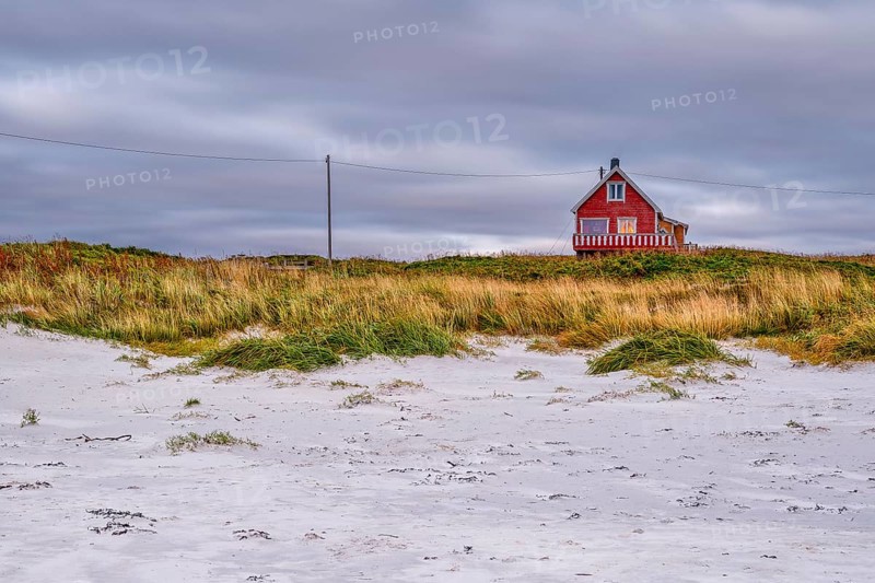 House on Hvit beach in Eggum, Rorbur, Bostad, Vestvagoy, Lofoten, Nordland, Norway, Europe