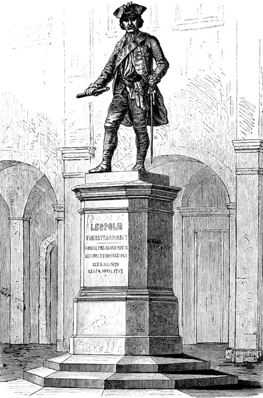 Statue of the old Dessauer, Prince Leopold I of Anhalt-Dessau, on the market square in Dessau, Prussian history, reformer of the Prussian army, Field Marshal General, historical illustration 1882