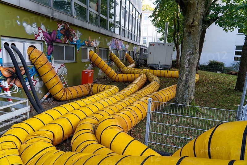 Water damage restoration, dehumidification, after flooding of a building, vacuum drying, indoor swimming pool in Essen-Werden, heavily flooded by the Ruhr flood in July 2021, drying system