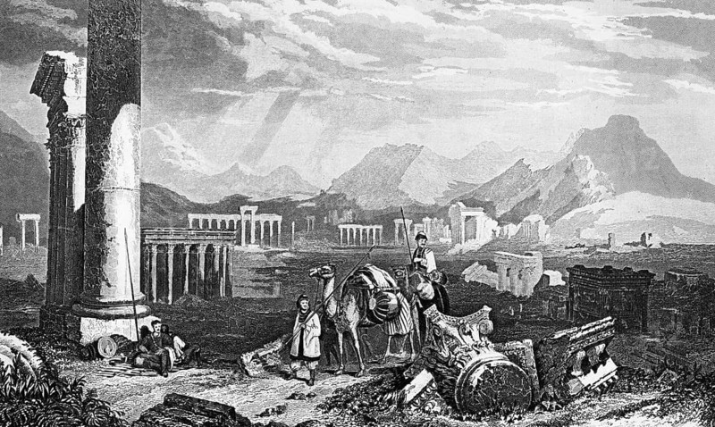 Ruins of Tadmur or Tadmor, Palmyra, Syria Temple, camel rider, mountain landscape, Bible, historical illustration 1854