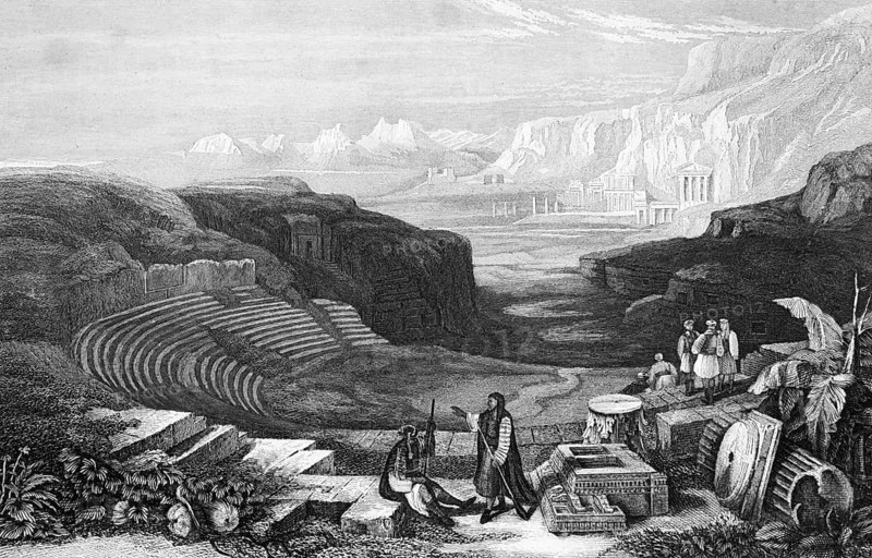 Ruins of Selah or Petra, Jordan, theatre, temple, mountain landscape, bible, historical illustration 1854, Asia