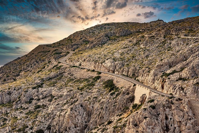 Road with sunset at Cap Formentor, Port de Pollenca, Serra de Tramuntana, Majorca, Balearic Islands, Spain, Europe