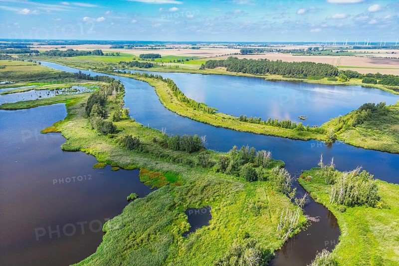 Aerial view, drone photo: River Peene with wetlands and lakes, Flusslandschaft Peenetal nature park Park, Anklam, Mecklenburg-Western Pomerania, Germany, Europe