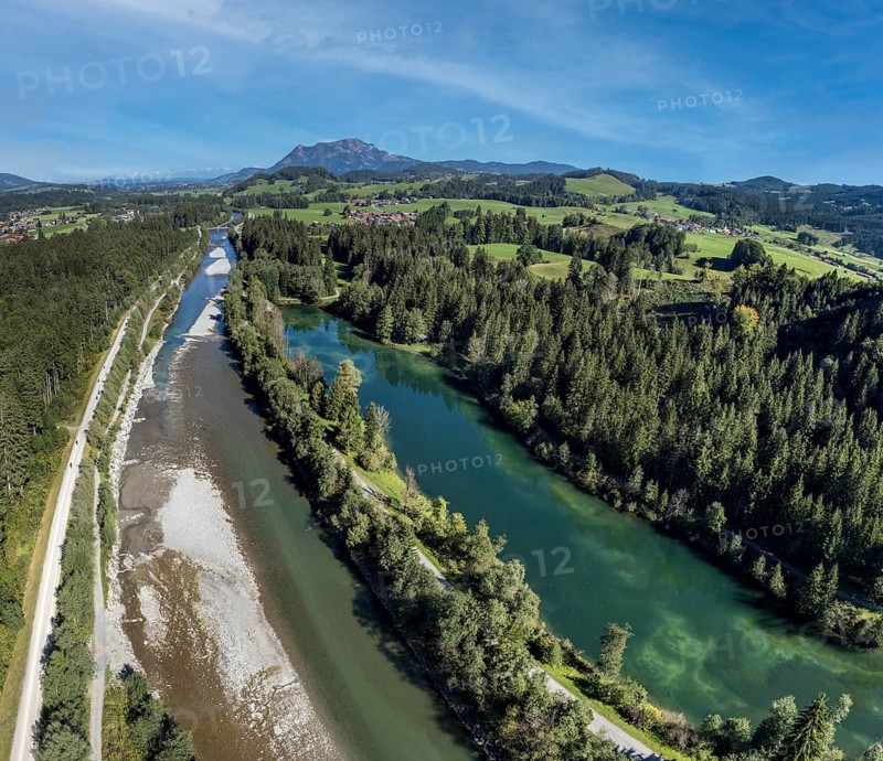 Aerial view of river Iller and lake Auwaldsee north of Oberstdorf, Bavaria, Germany, Europe
