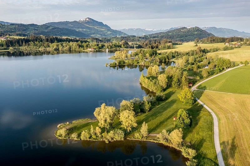 Aerial view of bathing and surfing area at lake Rottachsee, Allgäu, Bavaria, Germany, Europe
