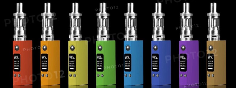 Eight multicolored electronic cigarettes, isolated on black background