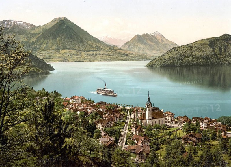 Vitznau and Rigibahn, Vierwaldstaettersee, Switzerlandd, Historical, digitally restored reproduction from a 19th century original, Record date not stated