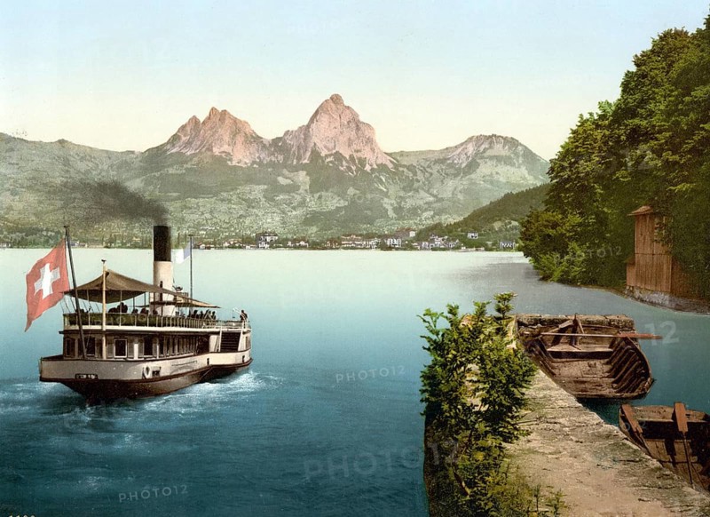 Treib und Mythen, Vierwaldstaettersee, Switzerland, Historical, digitally restored reproduction from a 19th century original, Record date not stated, Europe