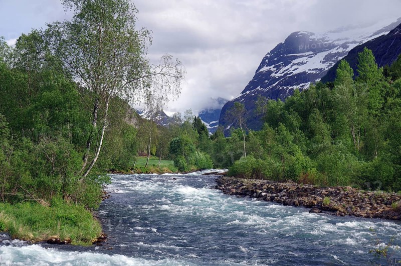 A clear river rushes through a mountain and forest landscape with snow-capped peaks in the background, Loen, Nordfjord, Norway, Europe