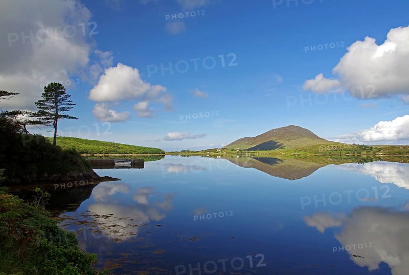 Mountain ridges and cloudy skies are reflected in a calm lake under a clear blue sky with lush greenery, Connemara, Leatherfrack, Ireland, Europe