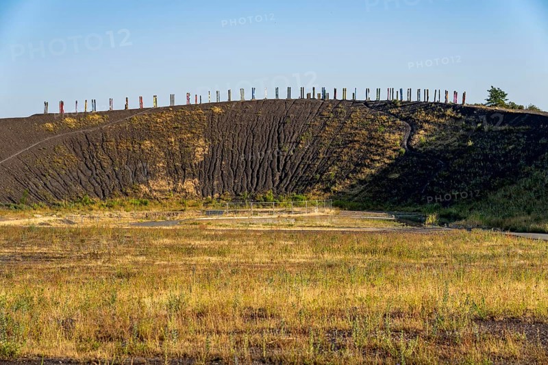 The Haniel spoil tip, 185 metre high spoil tip at the Prosper Haniel mine, which was closed in 2019, artwork Totems by the sculptor Augustin Ibarrola, Bottrop, Germany, Europe