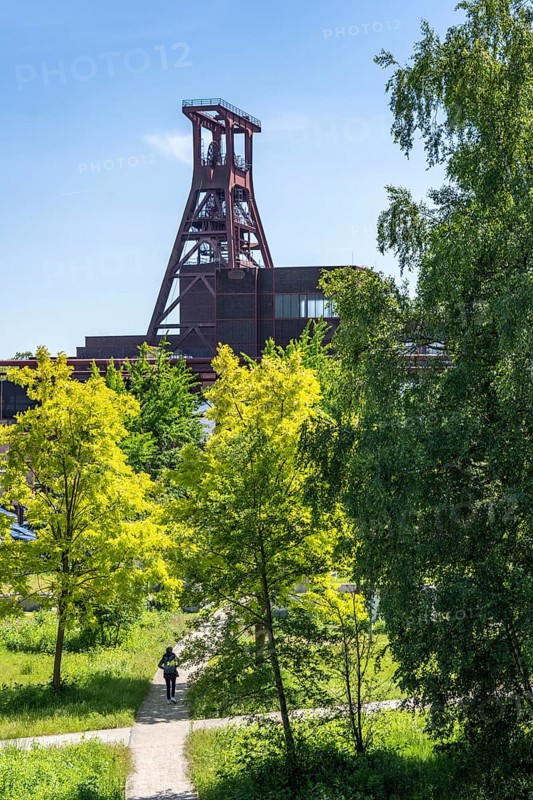 Zollverein Coal Mine Industrial Complex World Heritage Site in Essen, Zollverein Park on the site of the mine's former railway tracks, headframe shaft 12, North Rhine-Westphalia, Germany, Europe