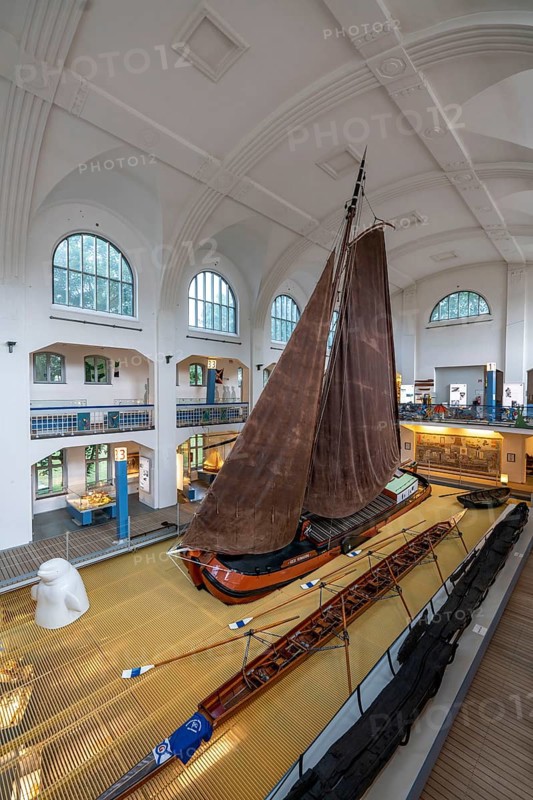 Museum of German Inland Navigation, in the former Ruhrort indoor swimming pool, in Duisburg, cargo sailing vessel Tjalk Göde Verwachting, North Rhine-Westphalia, Germany, Europe