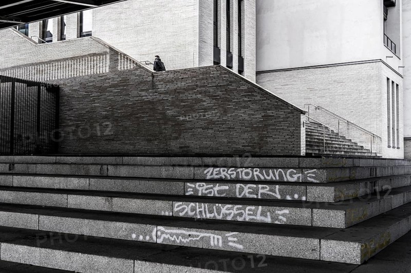 Graffiti on steps below the Franklinbrücke, a road and pedestrian bridge in Düsseldorf-Pempelfort, destruction is the key, Düsseldorf, North Rhine-Westphalia, Germany, Europe