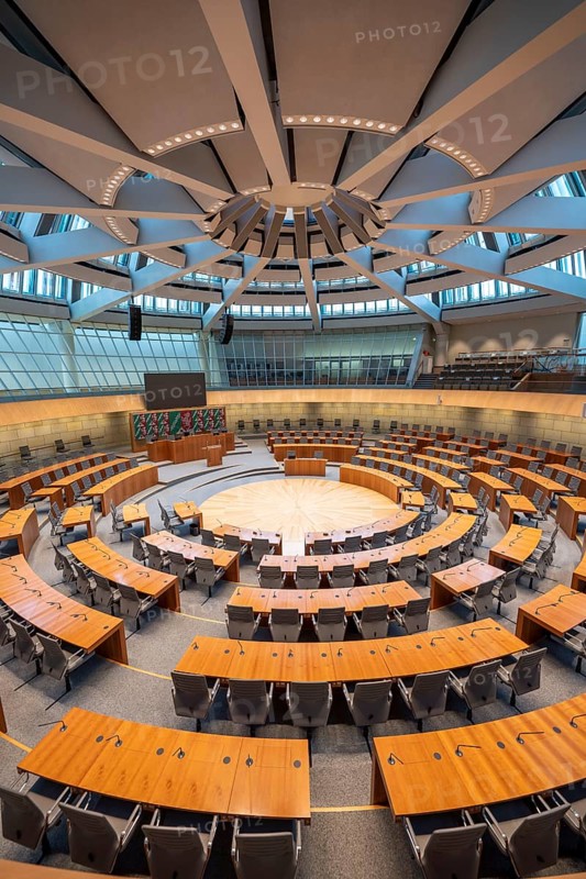 The empty plenary chamber of the North Rhine-Westphalia state parliament in Düsseldorf, North Rhine-Westphalia, Germany, Europe