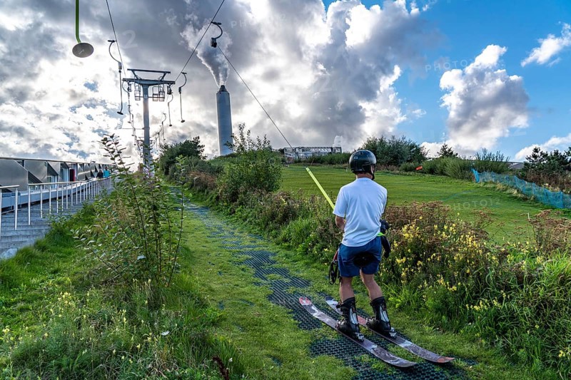CopenHill, waste incineration plant and artificial ski slope, skiing with a view of the Oresund, ski lift, 90 metres high and 400 metres long slope on artificial turf, Copenhagen, Denmark, Europe