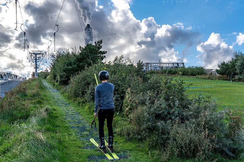 CopenHill, waste incineration plant and artificial ski slope, skiing with a view of the Oresund, ski lift, 90 metres high and 400 metres long slope on artificial turf, Copenhagen, Denmark, Europe