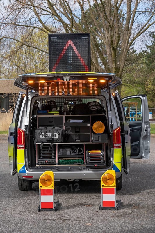 Police car, motorway police, Mercedes Benz Vito, with special warning technology, LED strip lights, lettering and graphics and to warn or inform motorists